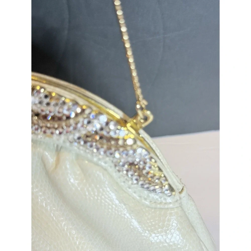 Elan Ivory Evening Clutch Rhinestone Crystal Purse Gold Chain Wedding Bag